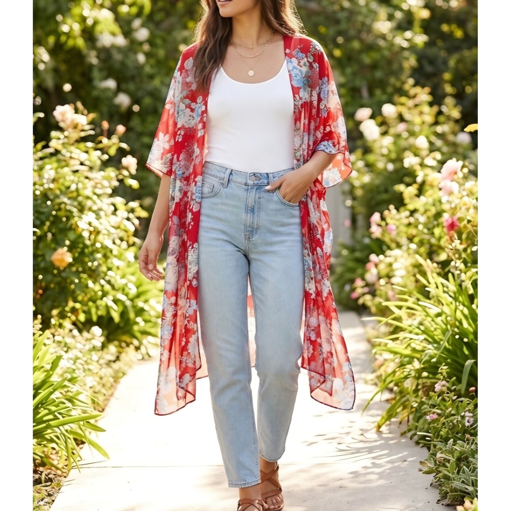 Forever 21 Contemporary Red Floral Chiffon Kimono Duster Cardigan Small